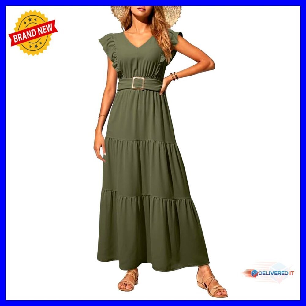 V-Neck Cap Sleeve Maxi Dress Ruched Empire Waist Flowy Summer Casual